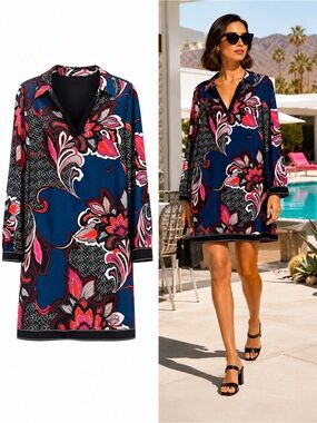 Trina Turk Blue Pink Paisley Floral Jersey Shift Dress Small